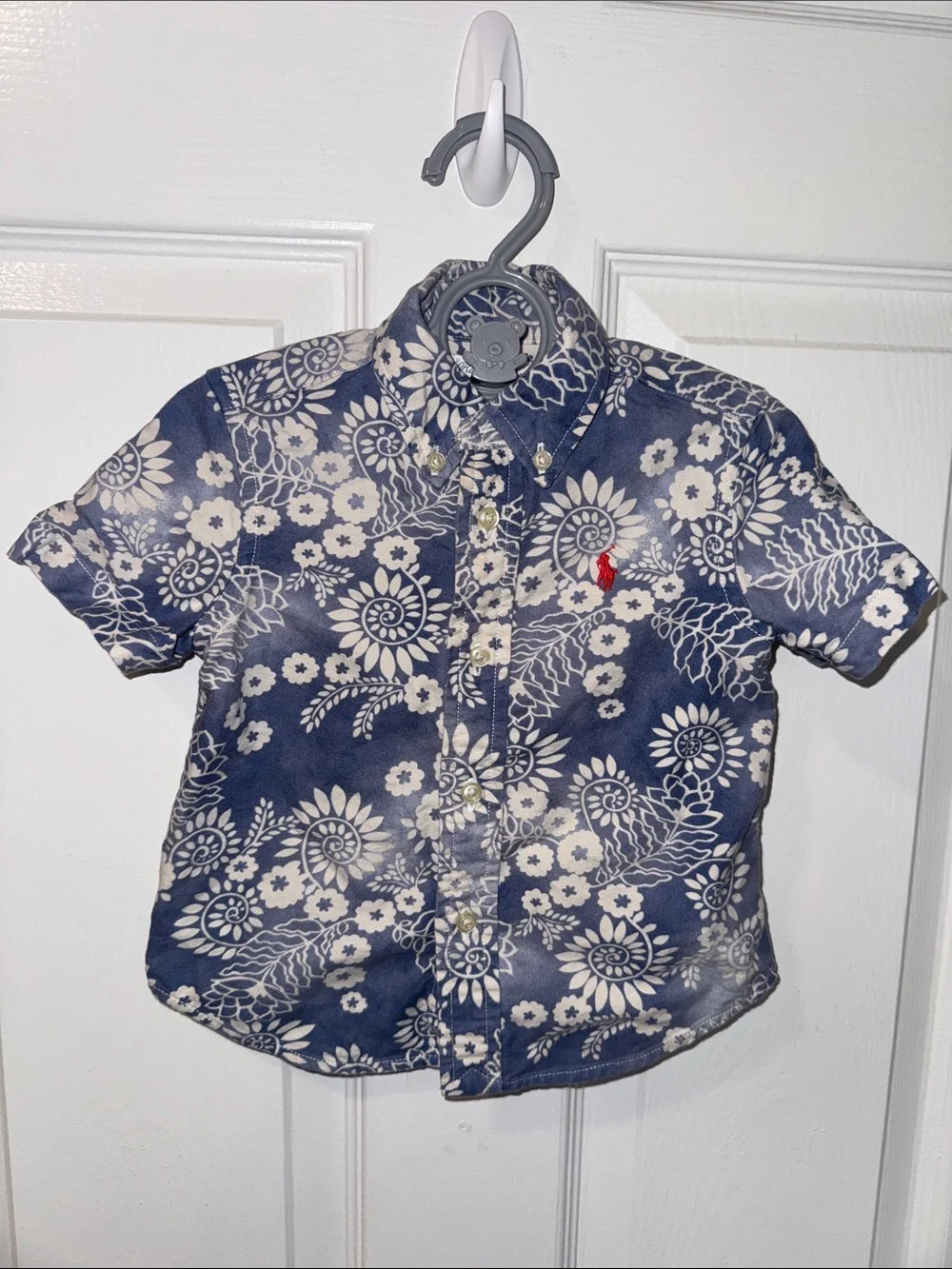 Ralph Lauren Navy and White Floral Short Sleeve Polo Shirt with Red Polo Logo